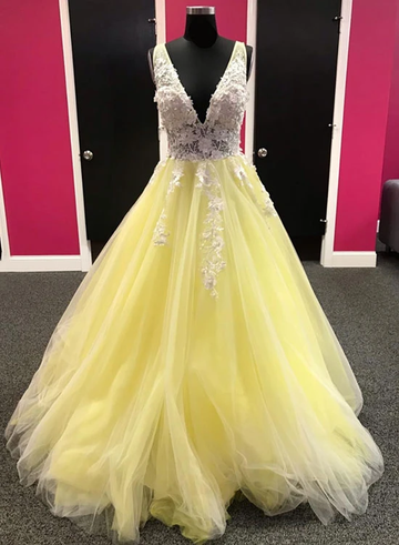 Yellow v neck tulle lace long prom dress, evening dress HZ1023